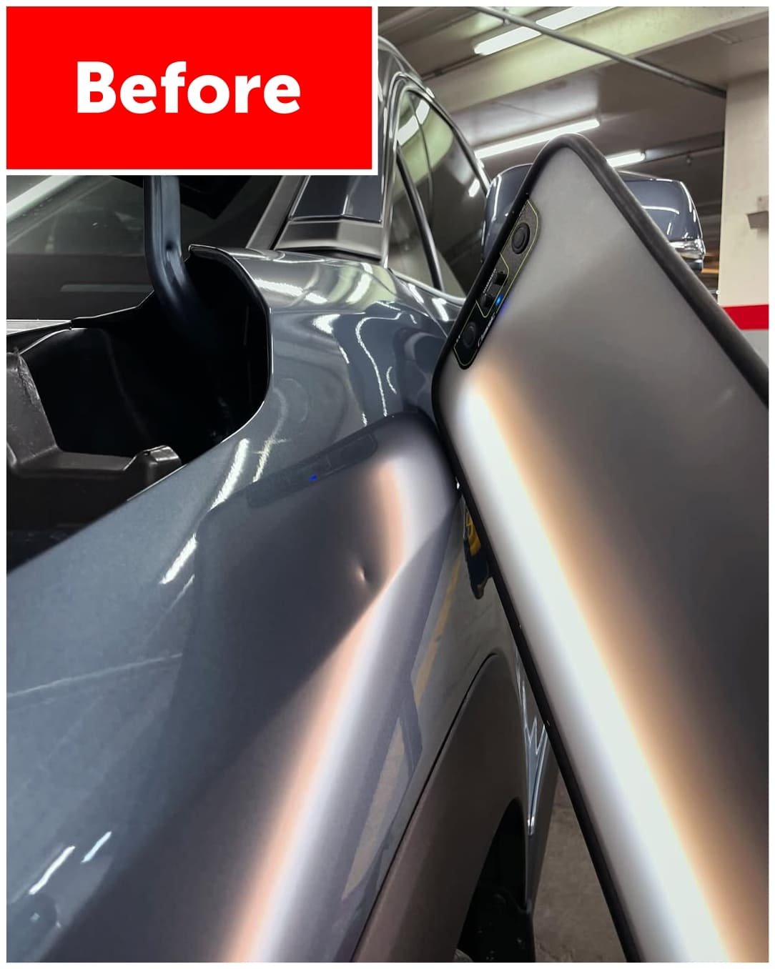 Before repair - hail damage on hood